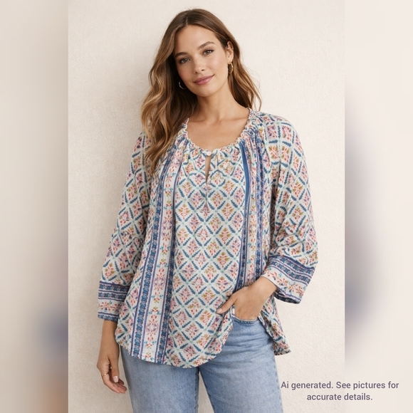 Lucky Brand Tops - LUCKY BRAND Boho Floral Peasant Blouse with Border Print – Relaxed Fit, Nwt, L